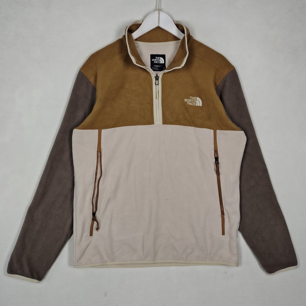 The North Face Mens Quarter Zip Fleece Pullover Colorblock Tan Brown Cream L